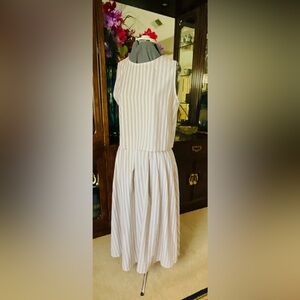 Classic Sleeveless Striped Midi Skirt and Top- Beige and White.